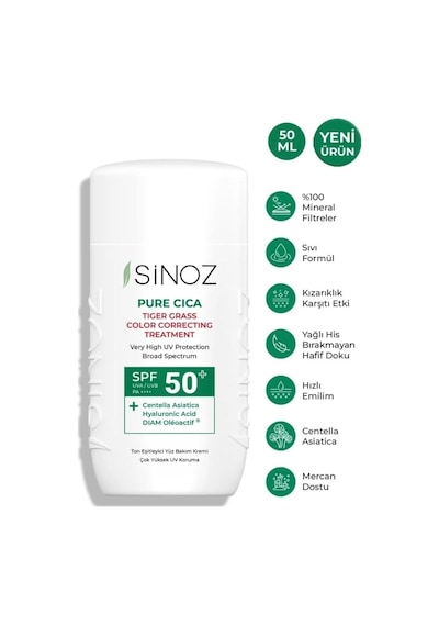 Sinoz Spf50 Pure Cica Anında Ton Eşitleyici Sıvı Yüz Güneş Kremi 50ml