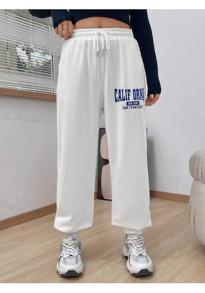 Letter Graphic Drawstring Waist Slant Pocket 4 Mevsim Eşofman Beyaz