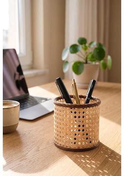 Rattan Görünümlü Dekoratif Masaüstü Organizer & Kalemlik Makyaj Ve Fırça Düzenleyici