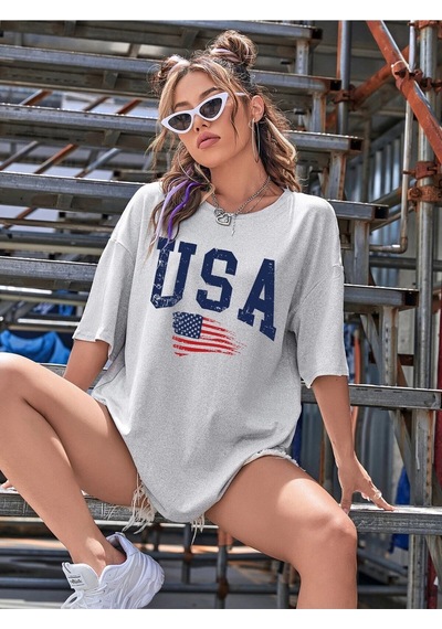 Flood Of Style Usa Flag Baskılı Gri Oversize Tişört