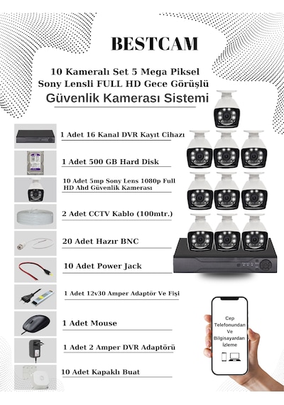 10 Kameralı Set 5 Mp Sony Lensli Full Hd Kamera Seti 500 Gb Hdd