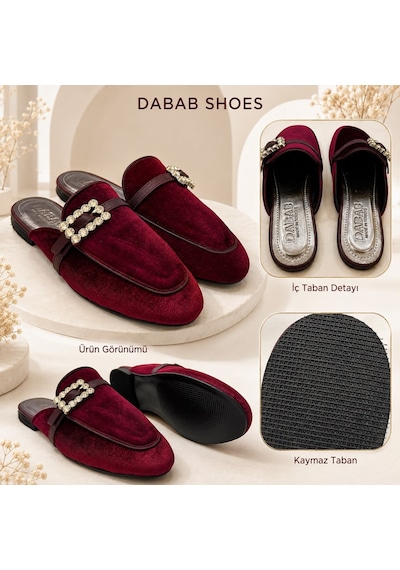 Dabab Shoes Marıgold Kadın Taşlı Tokalı Bordo Kadife Görünümlü Kapalı Burun Düz Taban Mule Terlik