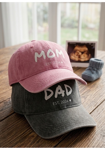 Emybox Mom Dad Çift Şapka - Yıkamalı Eskitme Kumaş Ayarlanabilir Ölçü Tokalı Baskılı Hatıra Şapkası Est2024 Pembe - Füme