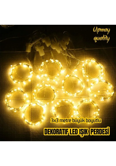 Upway 3x3 Metre Kumandalı 8 Modlu Askılı Usb 300 Led Işıklı Perde Gün Işığı Sarı