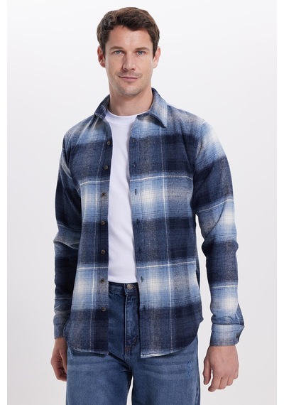 Tudors Erkek Slim Fit Dar Kesim Kareli Kışlık Oduncu Gömlek-42197 Mavi