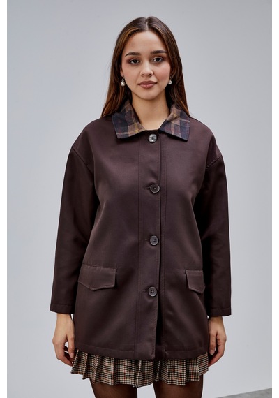 Mia Acı Kahve Ekose Yaka Cepli Oversize Trençkot Kahverengi