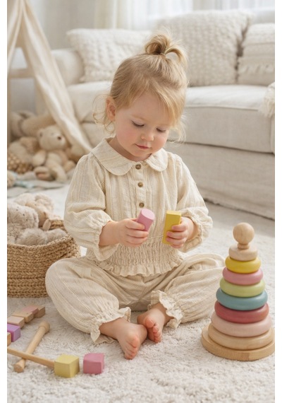 Babyhola Müslin Kız Bebek Bayramlık Takım Simli İp Geçişli Gipe Detaylı 2012 Bej