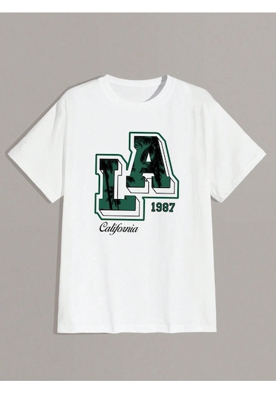 T-shirt - La 1987 Baskılı Oversize Bisiklet Yaka Kısa Kol Tişört Beyaz