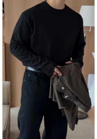 Cool Tarz Erkek Bisiklet Yaka Uzun Kollu Regular Kalıp %100 Pamuk Tişört Siyah Siyah
