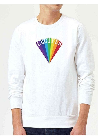 Lucifer Rising Baskılı Beyaz Erkek Örme Sweatshirt