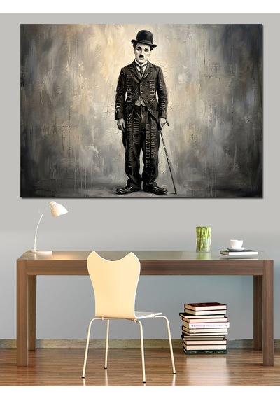 Charlie Chaplin Siyah Beyaz Portre Dekoratif Kanvas - Mdf Ahşap Tablo