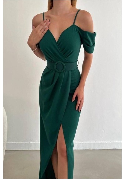 Lior Design Kadın Trend Krep Kumaş V Yaka Yırtmaçlı Abiye Elbise Zümrüt