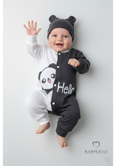 Babyden's Panda Baskılı Bebek Tulum & Şapka Seti,unisex Çıtçıtlı Uzun Kollu Yenidoğan Tulumu ,%100pamuk Antrasit - Beyaz
