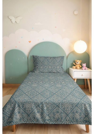 Mavi Etnik Geometrik Tek Kişilik Pike Takımı - Bohem Turkuaz Beyaz 160x220 Cm Mevsimlik Yatak Örtüsü Mat Yosun Serinliği