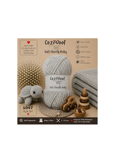 Kadife İp Soft Chenille Bulky 5'li Paket 5x100 Gr 120 Mt El Örgü İpi Açık Gri - 875823131