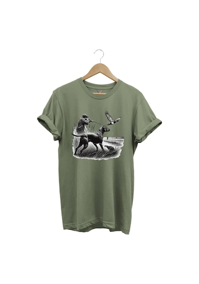 Avcılık Temalı Kuş Avı Ve Av Köpeği Baskılı %100 Pamuk Regular Fit Haki T-shirt Haki