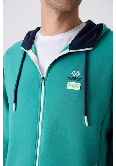 Tommy Life Deniz Yeşili - İndigo Pamuklu Kalın Yumuşak Dokulu Comfort Fit Baskılı Erkek Eşofman Takım - 85236 Lacivert - Yeşil
