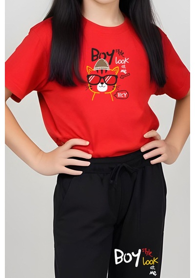 Fyk Kids Kız Çocuk Yuvarlak Yaka Baskılı Boy Cat Alt-üst Pijama Takımı Kırmızı