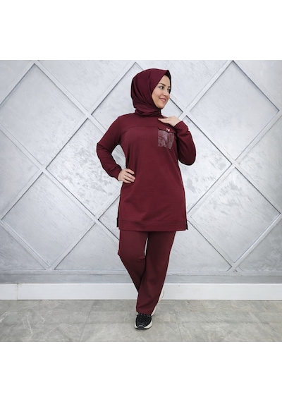 Esra Butik78 Bordo Taş Detaylı Tesettür Tunik Pantolon İkili Takım Günlük Spor Şık Kombin