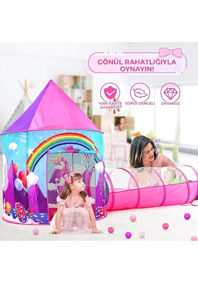 Unicorn Çocuk Oyun Çadırı, 3'ü Bir Arada, Top Havuzu, Oyun Çadırı, Oyun Tüneli - Top Havuzlu Çadır Pembe