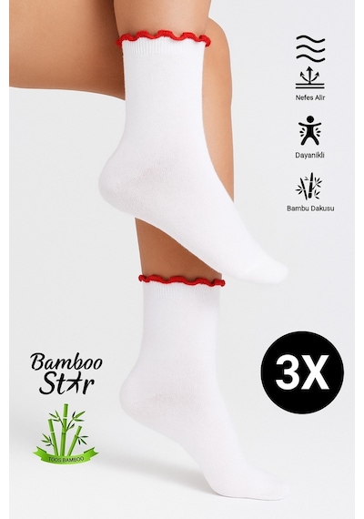 Bamboo Star Bambu Kadın Kırmızı Fırfırlı Lastiksiz Dikişsiz Kadın Soket 3lü Beyaz Çorap/iz Bırakmazsıkmayançorap Kırmızı - Beyaz