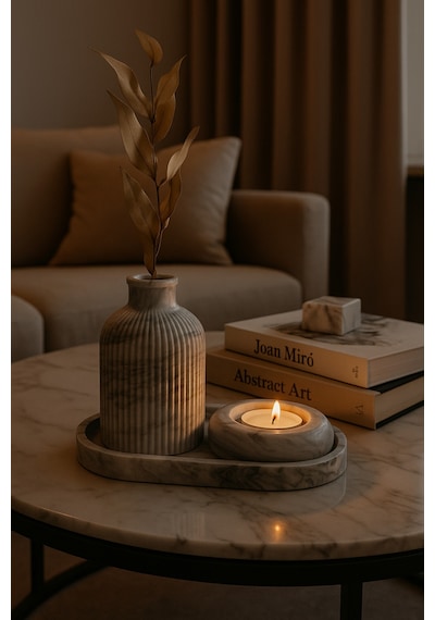 Seramik Vazo, Tealight Mumluk Ve Dekoratif Tepsi Seti - Beyaz Minimal Tasarım 29894909