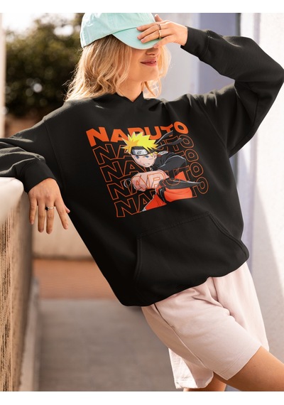 Sevbano Naruto Uzumaki Baskılı Unisex Oversize Naruto Anime Karakter Hood Siyah