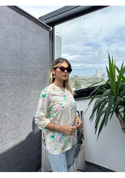 Kadın Kaçık Yaka Çiçekli/çiçek Desenli Poplin Bluz/gömlek 2276 Krem