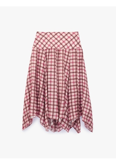 Koton Modal Kumaş Asimetrik Kesim Ekose Kloş Midi Etek Pembe Ekose 6sak70321ew