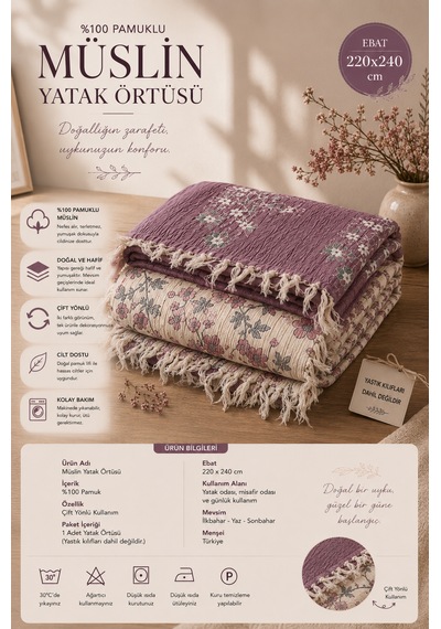 Premium Çiçek Desenli %100 Pamuk Müslin Yatak Örtüsü , Pike , 4 Mevsim Mor