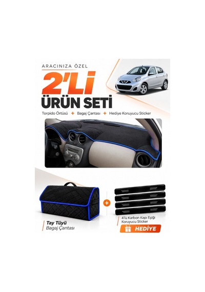 E-biz Nissan Micra March 2010-2016 Uyumlu Torpido Örtüsü + Tay Tüyü Çanta - Siyah-mavi - Nı008