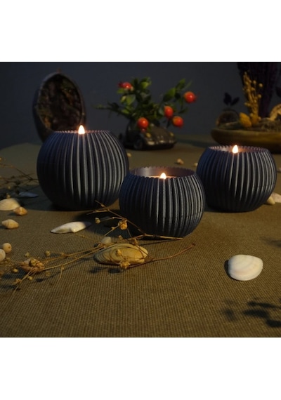 3 Lü Tealight Mumluk Seti Dekoratif Ev & Salon Mumluğu Hediyelik Set Koyu Gri
