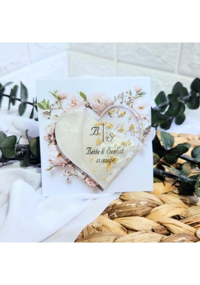 Epoksi Kalp Kağıt Üzeri Altın Renk Magnt Söz Nişan Nikah 15 Adet