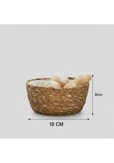 El Yapımı Hasır Yuvarlak Ekmek Sepeti, İçi Bezli Çok Amaçlı Dekoratif Sepet Ve Mutfak Düzenleyici 18x18x8 Cm Açık Gri