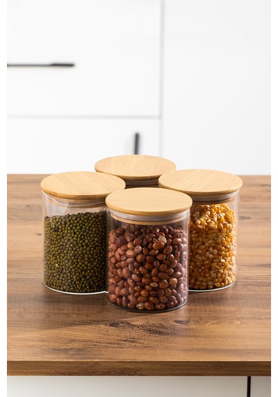 Porsima 1-4 Bambu Borosilikat Vakumlu Kapaklı Yuvarlak Cam 4lü Kavanoz Seti Saklama Kabı 750ml 10x12cm