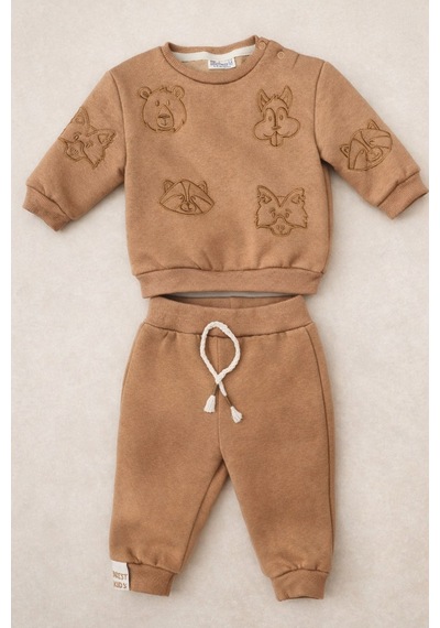 Uğur Bebe Camel Renk İşlemeli Bebek Takımı Kalın İçi Şardonlu Omuzdan Çıtçıtlı Camel Camel