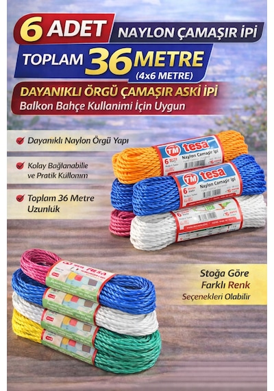 6 Adet Naylon Çamaşır İpi 6 Metre Dayanıklı Örgü Çamaşır Askı İpi Toplam 36 Metre Beyaz - Siyah