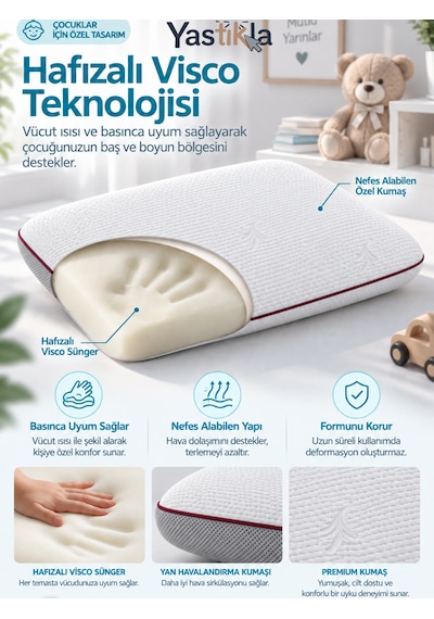 Nefes Alabilen Hava Kanallı Ortopedik Hafızalı Visco Çocuk Yastığı 60x40x6,5 Cm Beyaz Bordo