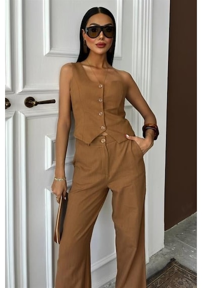 Moderie Butik Tek Omuz Büstiyer Plazzo Pantolon Viscon Takım 10159 Kahverengi