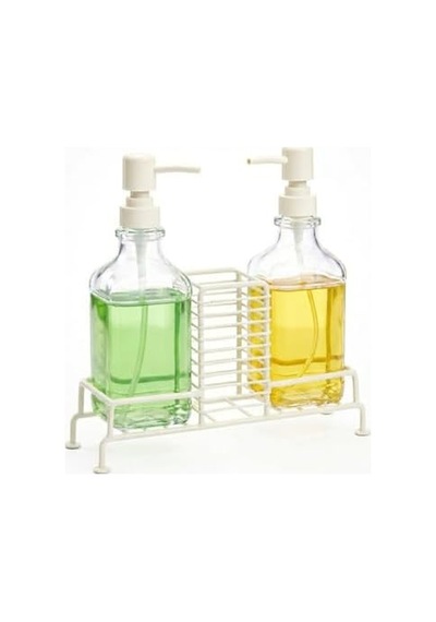 2&apos Li Standlı Kare Cam Sabunluk Seti 2 X 500 Ml Ferforje Metal Standlı Siyah & Krem Renk Seçeneği Sünger/fırça Bölmeli Mutfak Ve Banyo Düzenleyici Krem 000 Açık Krem