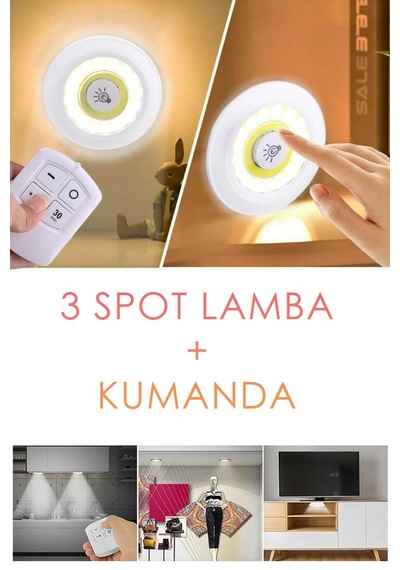 Minimalist Mutfak Dolap İçi Spot Lamba Şık Tasarım 3'lü Beyaz Kumandalı Pilli Lambader Beyaz