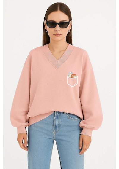 Benroma Cep Papatya Baskılı Ünisex V Yaka Sweatshirt Pembe