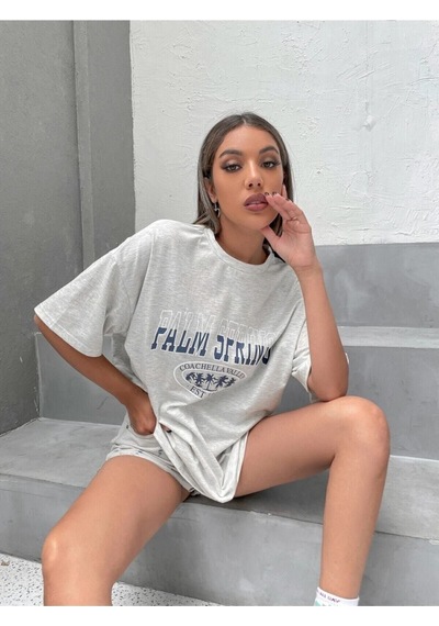 Palm Springs T-shirt - Gri Baskılı Oversize Bisiklet Yaka Kısa Kol Tişört Gri