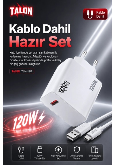 120w Hızlı Şarj Adaptörü Ve Kablo Seti Akıllı Çipli Güvenli Şarj Özellikli Diğer