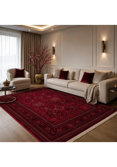 Afgan Türkmen Otantik Desenli Dokuma Salon Ve Oturma Odası Halısı Bordo
