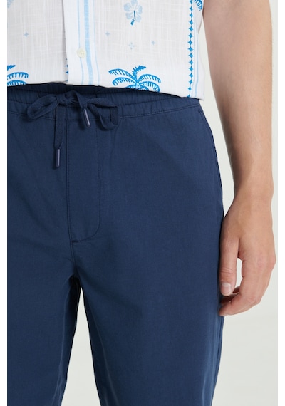 Ac&Co / Altınyıldız Classics  Erkek Lacı Comfort Fit Rahat Kesim Yan Cepli Keten Şort Lacı Lacivert