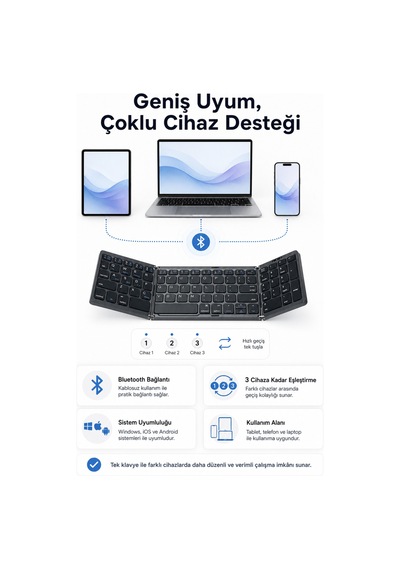 Siyah Katlanabilir Bluetooth Klavye 81 Tuşlu Sayısal Tuş Takımlı Şarjlı Kablosuz Klavye Tablet Telefon Ve Laptop Uyumlu. Siyah