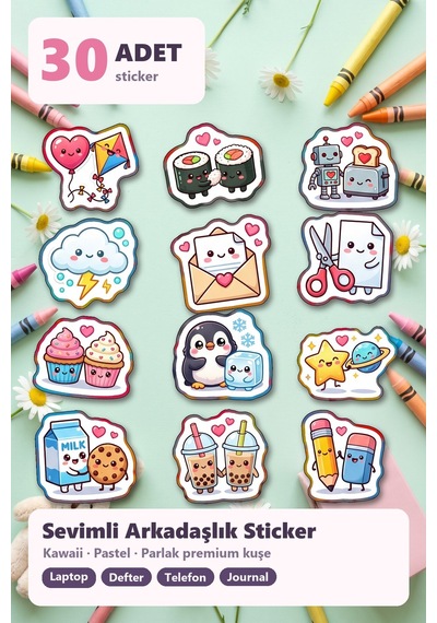 30 Adet Sevimli Arkadaşlık Sticker Seti - Laptop Defter Telefon Kılıfı Çok Renkli