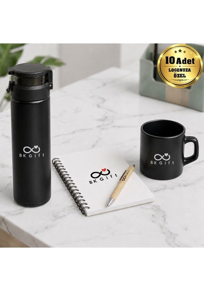 Logonuza Özel 10 Adet Ahşap Kutulu Siyah Kurumsal Hediye Seti Cam Suluk, Seramik Fincan, Defter Ve Kalemli Promosyon Seti