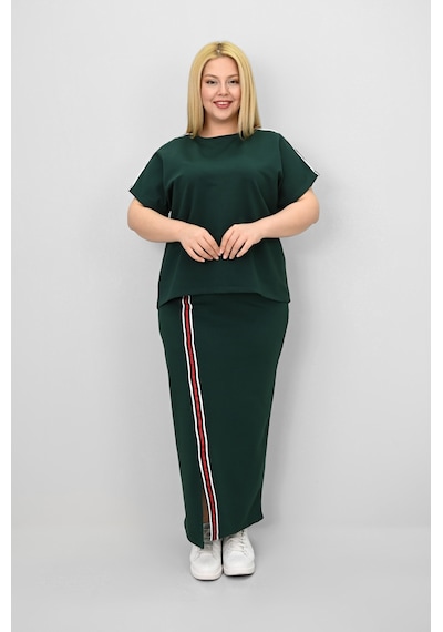 Koza Butik Kadın Büyük Beden Kısa Kollu Şeritli Etek Takım 8204-25 Siyah